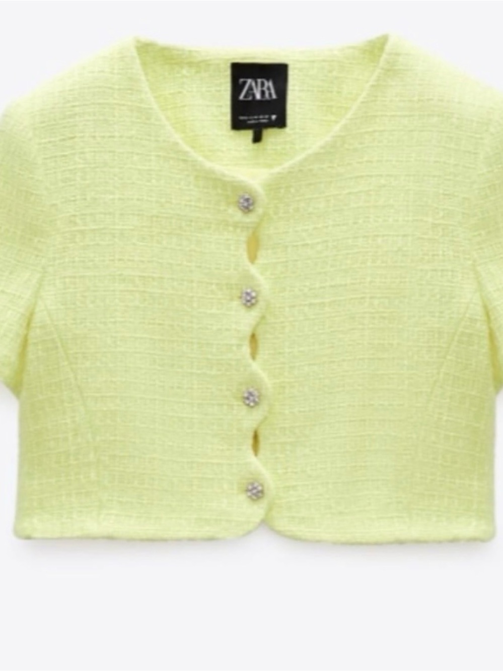 Zara Light Yellow Tweed Cropped Cardigan with Rhinestone Buttons size S
